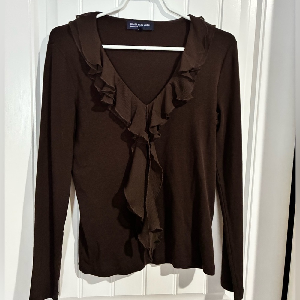 Jones New York Chocolate Ruffled Long Sleeve V Neck Sweater